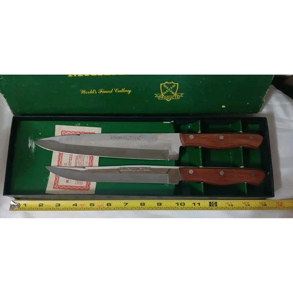 Vtg Maxam Steel Kitchen Knife Box Set Carving Chef's Meat Wood Handle 8